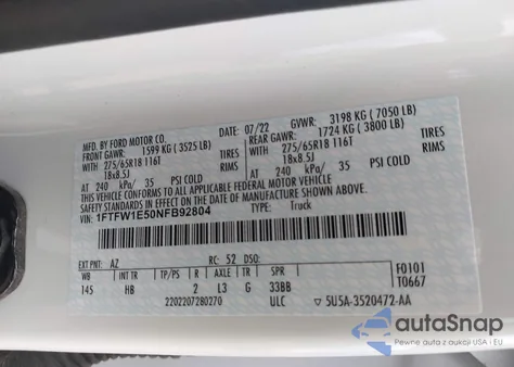 2022 Ford F-150 Lariat z USA, uszkodzony, nr VIN 1FTFW1E50NFB92804